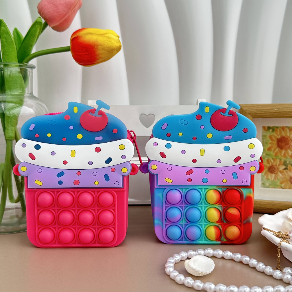 Pop it fidget toy cake crossbody túi đeo vai dễ thương cho bé gái túi xách đồ chơi lúm đồng tiền ví giải tỏa căng thẳng đẩy túi silicone