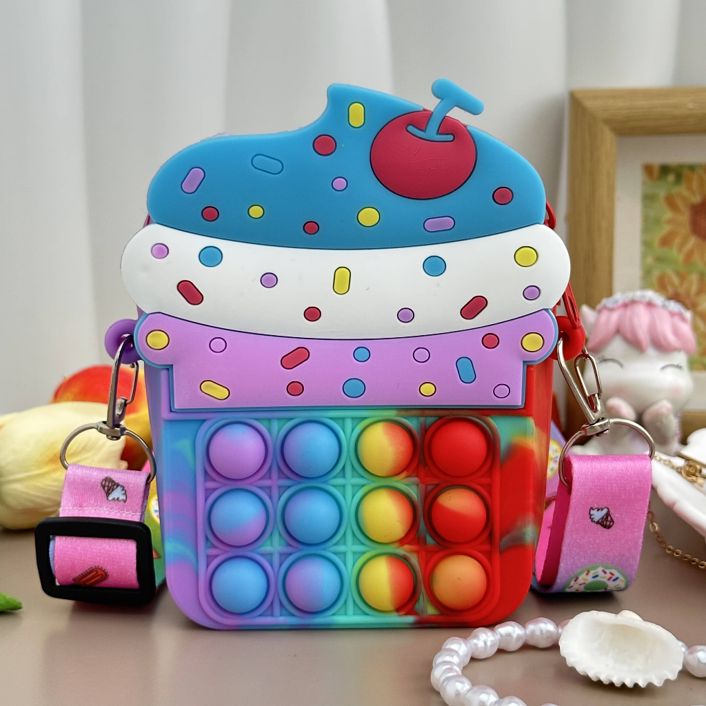 Pop it fidget toy cake crossbody túi đeo vai dễ thương cho bé gái túi xách đồ chơi lúm đồng tiền ví giải tỏa căng thẳng đẩy túi silicone