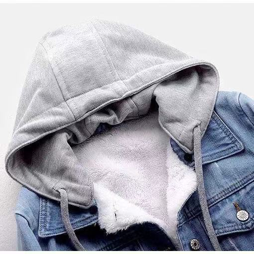 Áo khoác denim nữ len dày có mũ trùm đầu parka áo khoác nữ nhung ấm áp áo khoác ngắn nữ 2023 áo khoác mỏng mùa đông cỡ lớn