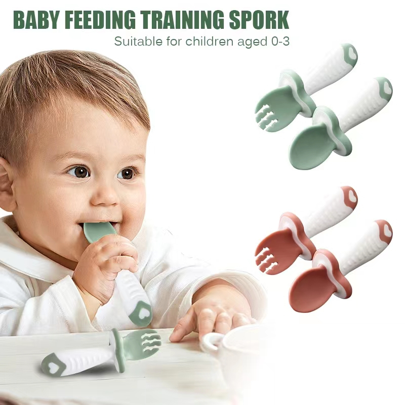 2 cái / tay cầm ngắn tập cho bé + bộ muỗng nĩa cho trẻ em, 2 trong 1 bộ muỗng nĩa cho bé bpa vật liệu an toàn miễn phí muỗng ăn thức ăn