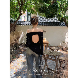 Cocorygirl Hàn quốc sexy cut out off shoulder áo thun dài tay mùa hè mỏng tất cả phù hợp với phụ nữ dệt kim hàng đầu