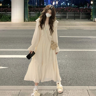 French high-end ruffled long-sleeved dress women autumn 2023 new style design high waist slimmer long dress