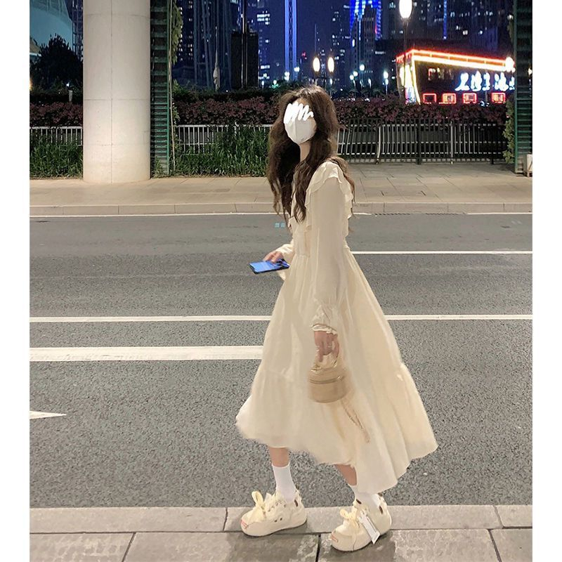 French high-end ruffled long-sleeved dress women autumn 2023 thiết kế phong cách mới eo cao thon gọn hơn váy dài