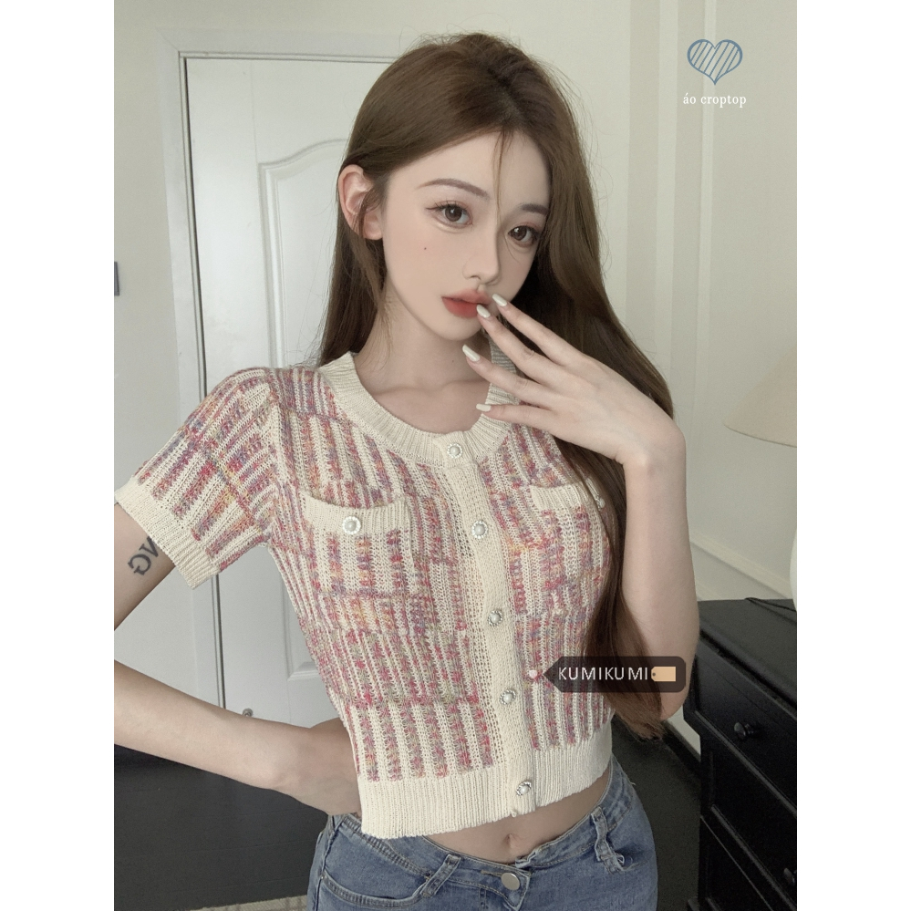 Kumikumi nữ áo thun dệt kim sọc hồng cho mùa hè