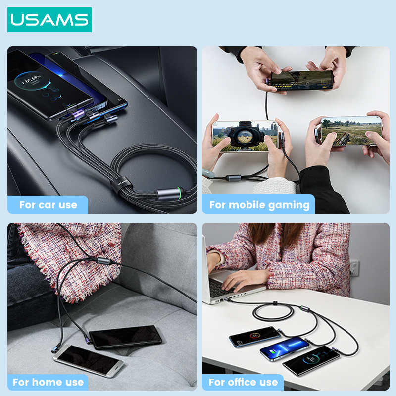 Usams Dây Cáp Sạc Nhanh Khuỷu Tay USB Type C 3 Trong 1 66W 1.2M Cho 1phone15 IPd Android IP8-14 Máy Tính Bảng Cáp Dữ Liệu Sạc Nhanh