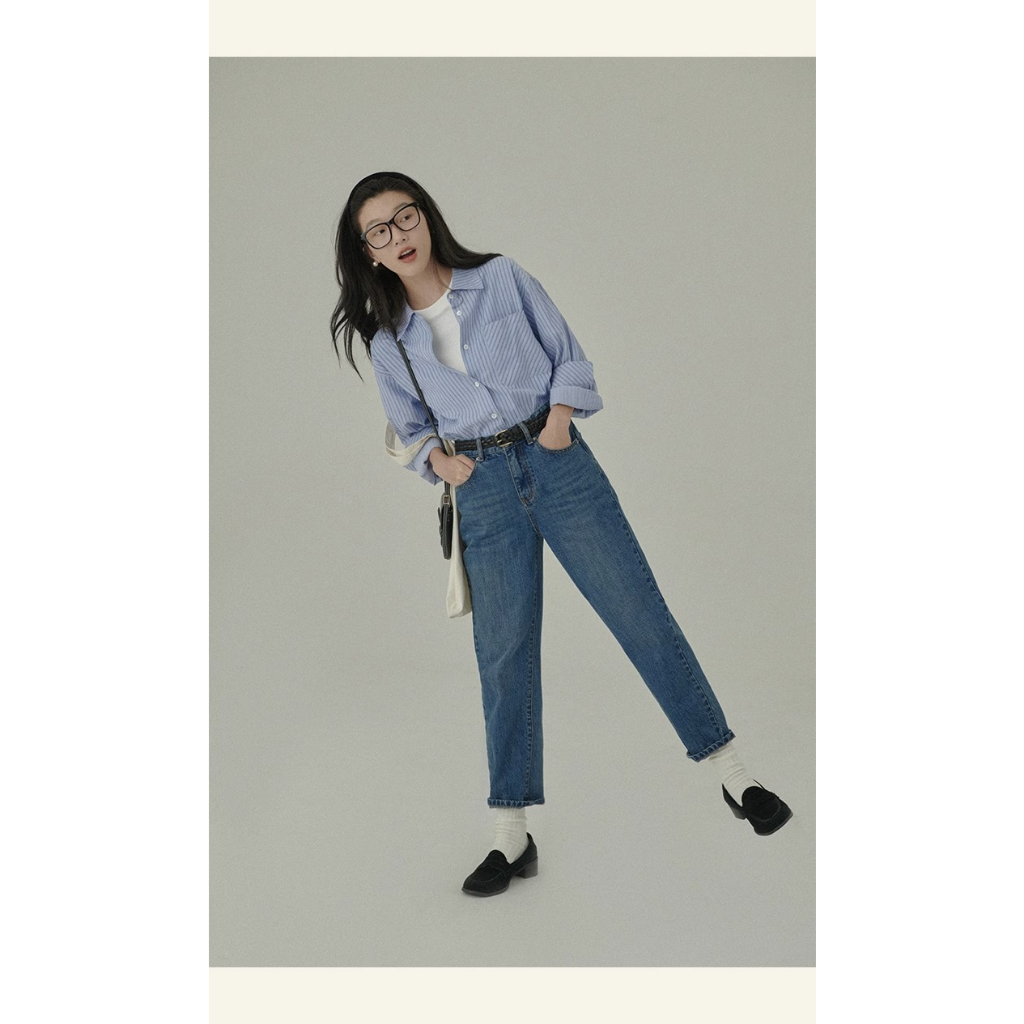 Honypove Áo sơ mi phong cách mới mùa thu phong cách preppy màu xanh sọc lỏng lẻo áo sơ mi dưới cùng phụ nữ