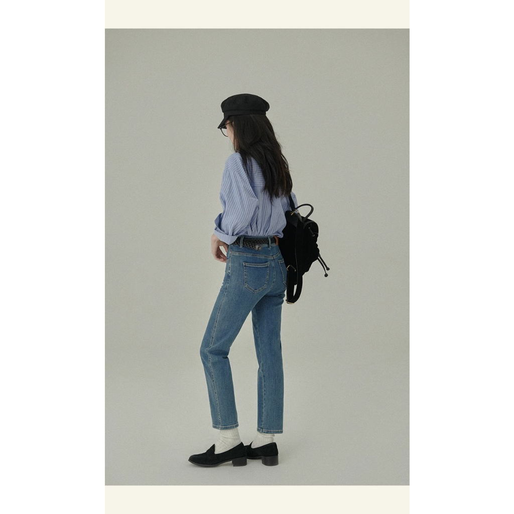 Honypove Áo sơ mi phong cách mới mùa thu phong cách preppy màu xanh sọc lỏng lẻo áo sơ mi dưới cùng phụ nữ