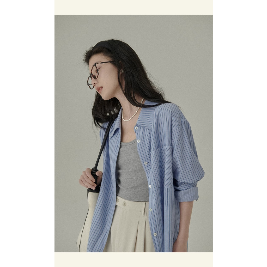 Honypove Áo sơ mi phong cách mới mùa thu phong cách preppy màu xanh sọc lỏng lẻo áo sơ mi dưới cùng phụ nữ