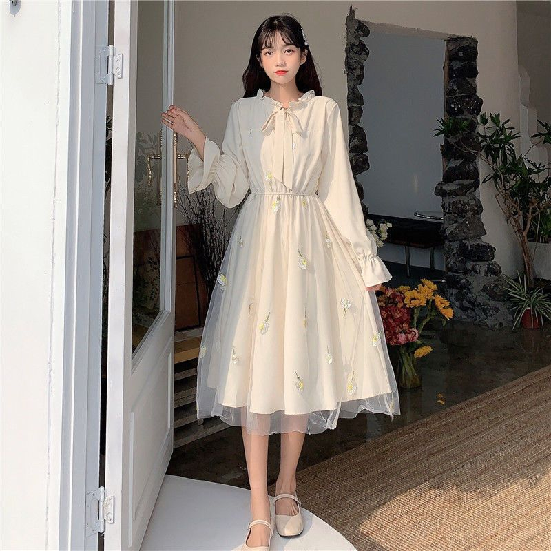 Super fairy preppy style dress nữ 2021 spring summer new style student gentle style gauze stitching long-tay first love skirt