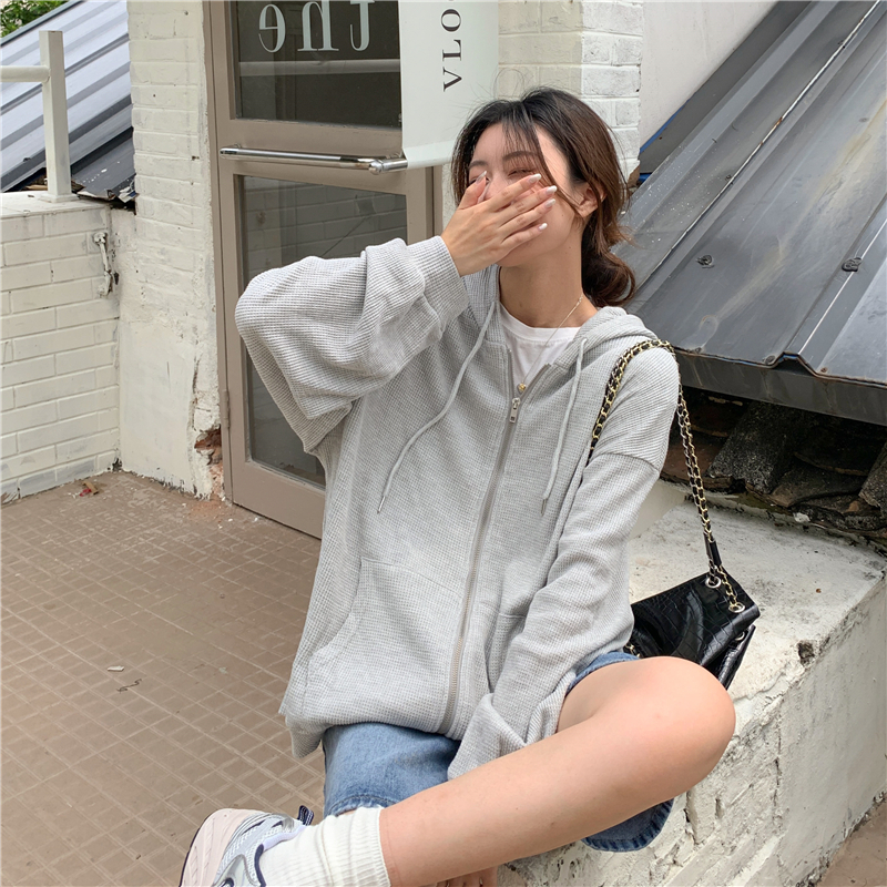 Áo khoác ngoại cỡ SUXI tay dài có mũ trùm đầu màu trơn phối dây kéo thời trang mùa thu cho nữ