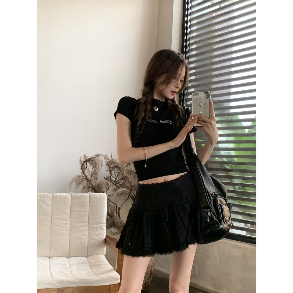 kumikumi HUANG YOYO Áo Croptop Set Áo Thun Đen Và Chân Váy Phong Cách Hàn Quốc Xinh Xắn Cho Nữ