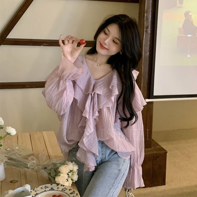 Áo Sơ Mi chiffon Tay Dài Phối Bèo Màu Tím Ngọt Ngào Xinh Xắn Size s-3xl Cho Nữ