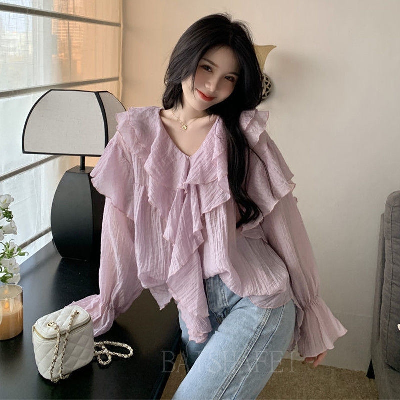 Áo Sơ Mi chiffon Tay Dài Phối Bèo Màu Tím Ngọt Ngào Xinh Xắn Size s-3xl Cho Nữ