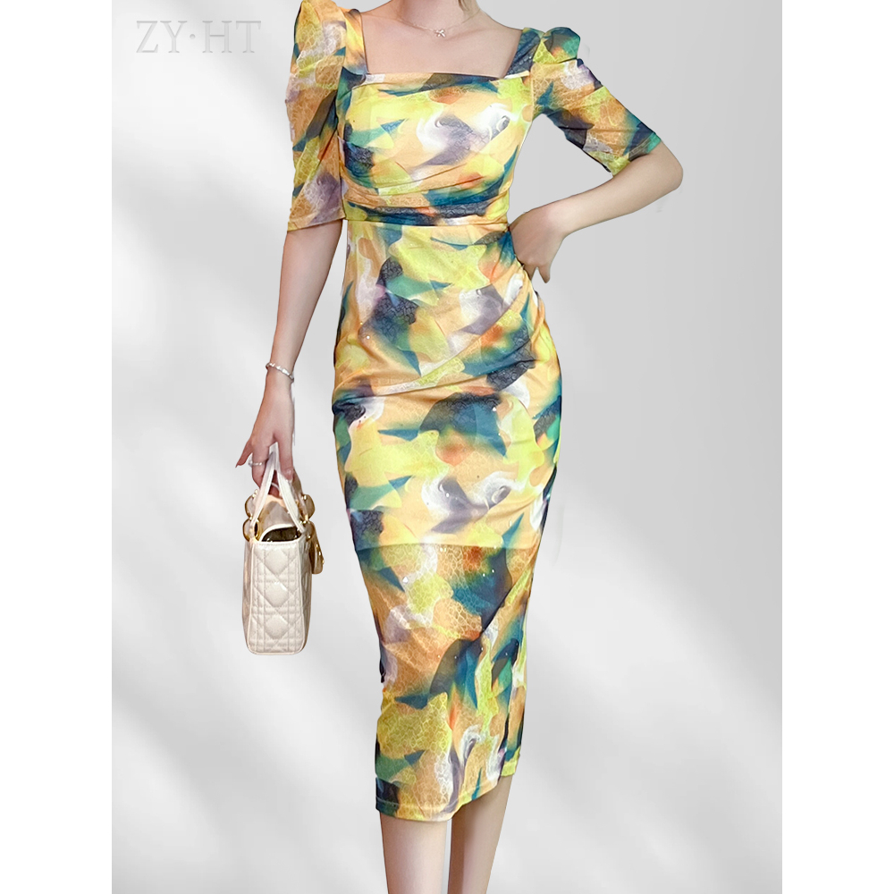 ZYHT Đầm Body cổ điển in hoa thanh lịch Khí chất Hàn Quốc Váy chữ A đầm công sở 20384