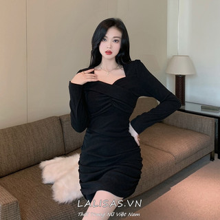 Lalisas Đầm Ngắn Xếp Ly Ôm Dáng Tay Dài Màu Đen Cá Tính Khí Chất Quyến Rũ Cho Nữ