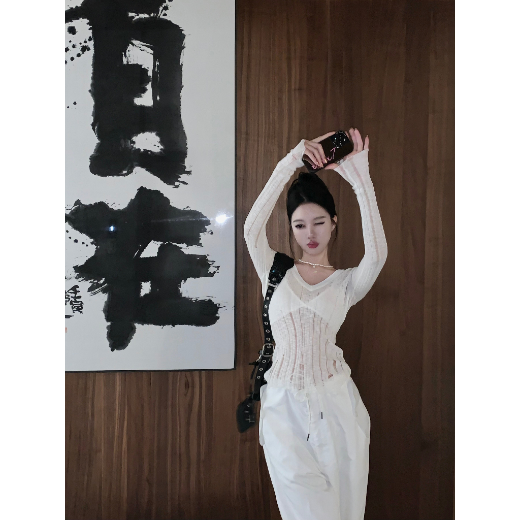 V-neck Long sleeved Sweater Knit Women's Autumn Sexy Hollow Hole Cover Shirt Slim Fit Waist Wrap Top