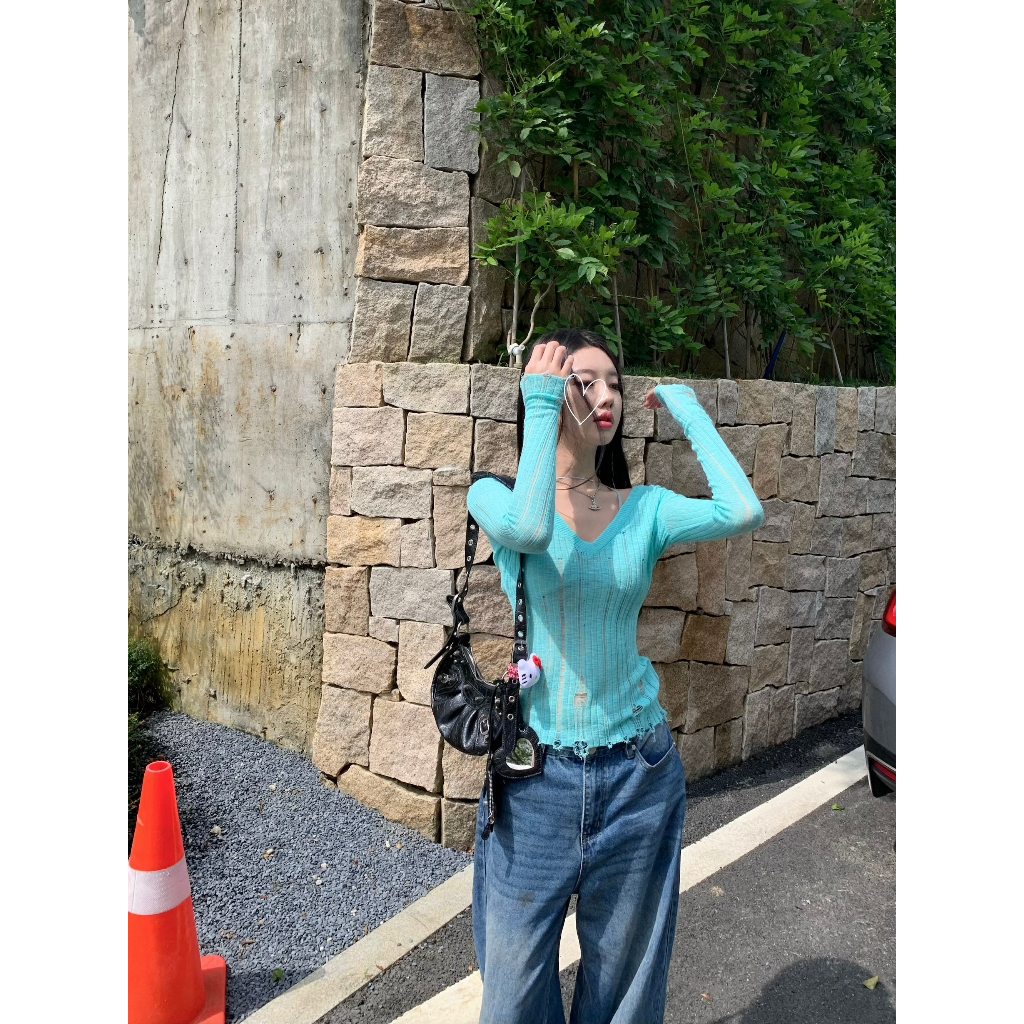 V-neck Long sleeved Sweater Knit Women's Autumn Sexy Hollow Hole Cover Shirt Slim Fit Waist Wrap Top