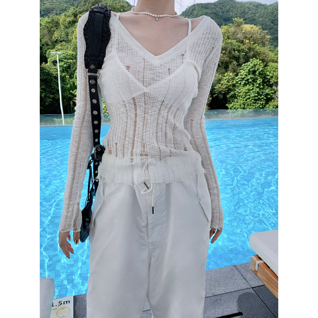 V-neck Long sleeved Sweater Knit Women's Autumn Sexy Hollow Hole Cover Shirt Slim Fit Waist Wrap Top