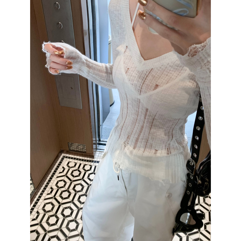 V-neck Long sleeved Sweater Knit Women's Autumn Sexy Hollow Hole Cover Shirt Slim Fit Waist Wrap Top