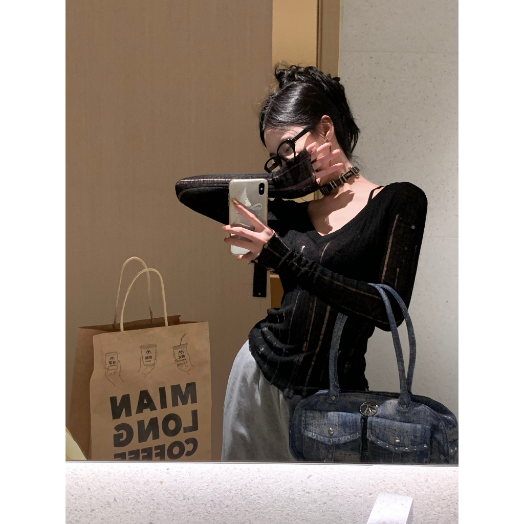 V-neck Long sleeved Sweater Knit Women's Autumn Sexy Hollow Hole Cover Shirt Slim Fit Waist Wrap Top