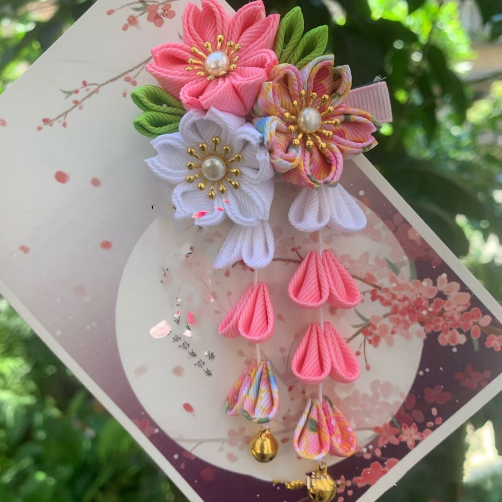 Hi-kid Trâm Cài Tóc Tua Rua Hoa Hai Lớp handmade Phong Cách Nhật Bản Phụ Kiện kimono Truy Cập