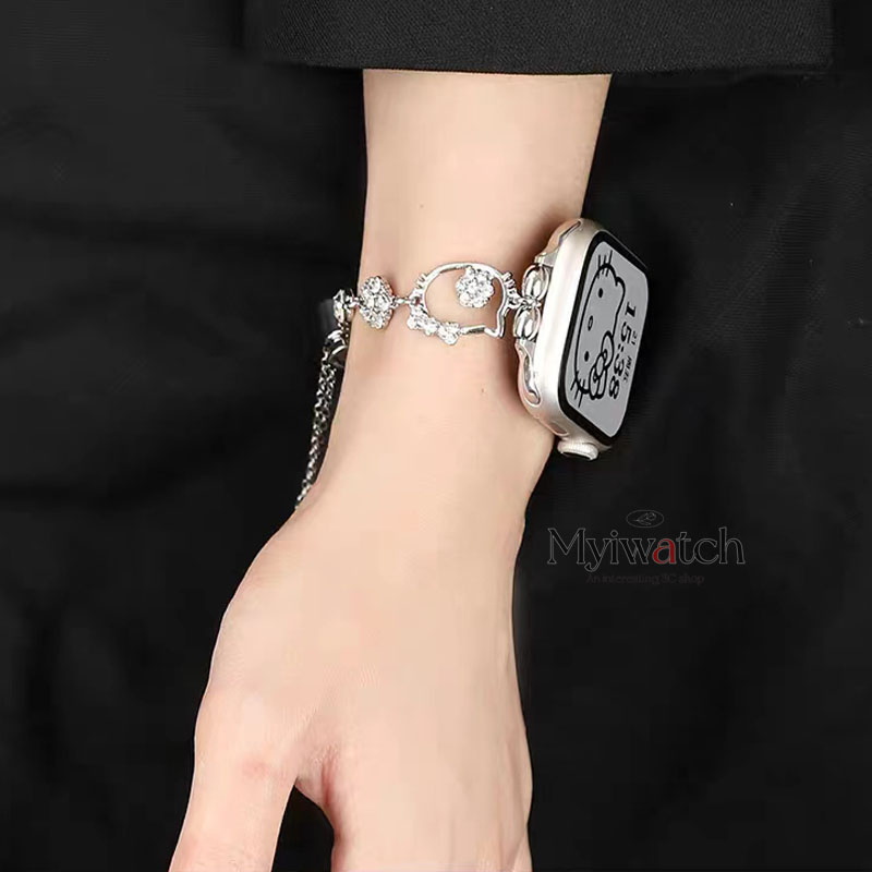 Dây đeo kim cương sang trọng kitty cho iwatch 49mm 45mm 44mm 41mm 40mm 38mm 42mm dây đeo dây chuyền có thể thu vào hoạt hình cho iwatch series 8 7 6 se 5 4 3 2 1