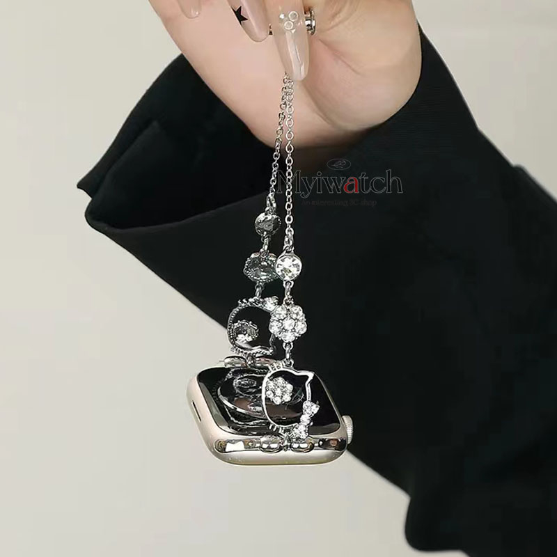 Dây đeo kim cương sang trọng kitty cho iwatch 49mm 45mm 44mm 41mm 40mm 38mm 42mm dây đeo dây chuyền có thể thu vào hoạt hình cho iwatch series 8 7 6 se 5 4 3 2 1