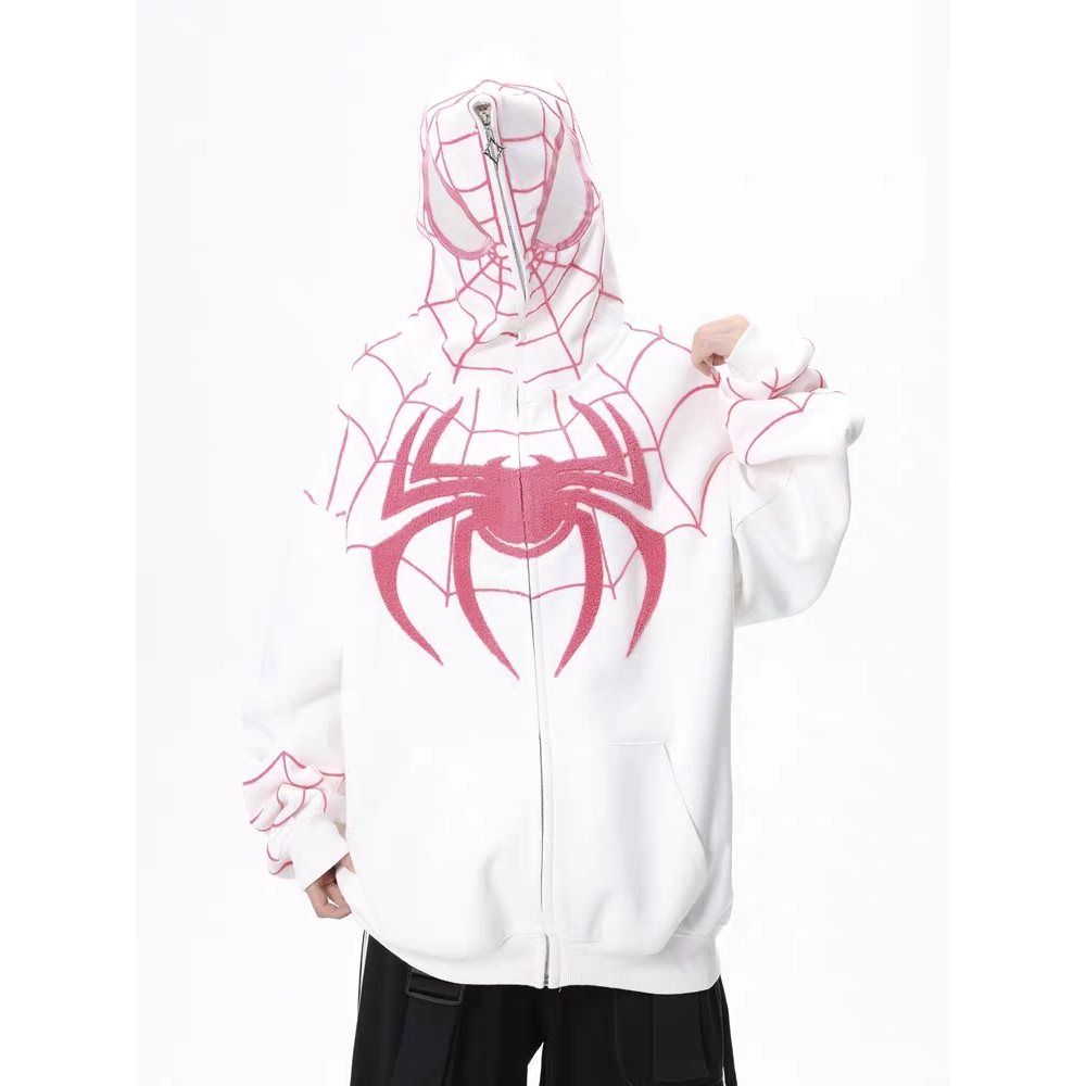 Aokang Áo Khoác cardigan Có Nón Dáng Rộng Thêu Hình Nhện Phối Khóa Kéo Thời Trang Cao Cấp Cho Cặp Đôi