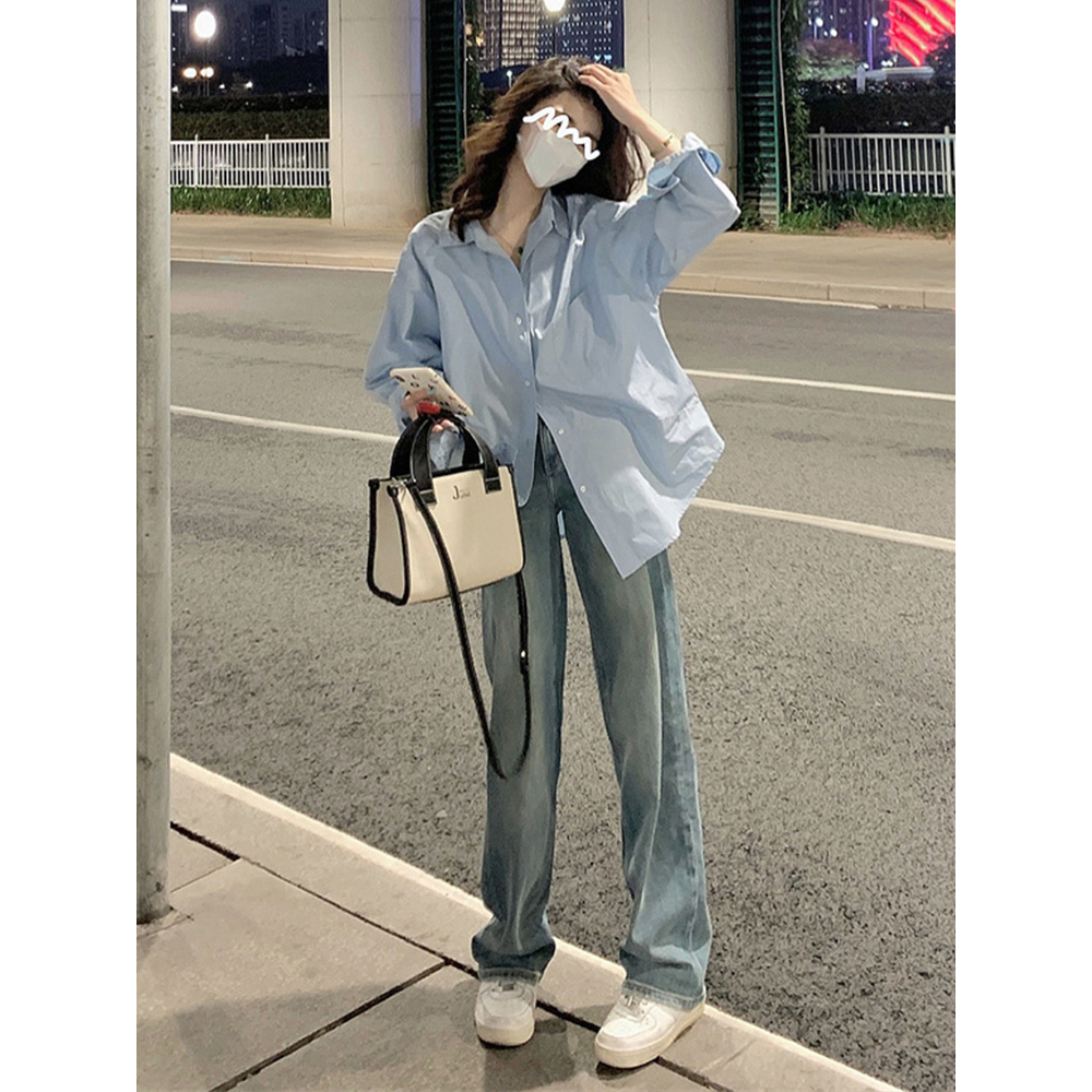 Áo Khoác Sơ Mi cardigan Tay Dài Dáng Rộng Màu Xanh Dương Thời Trang Mùa Thu Cho Nữ croptop bigsize tay dài