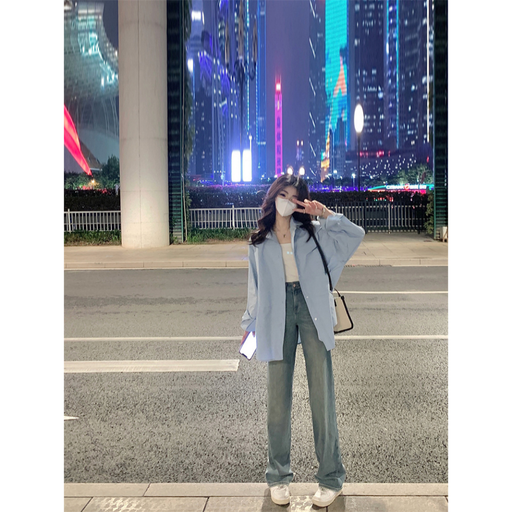 Áo Khoác Sơ Mi cardigan Tay Dài Dáng Rộng Màu Xanh Dương Thời Trang Mùa Thu Cho Nữ croptop bigsize tay dài