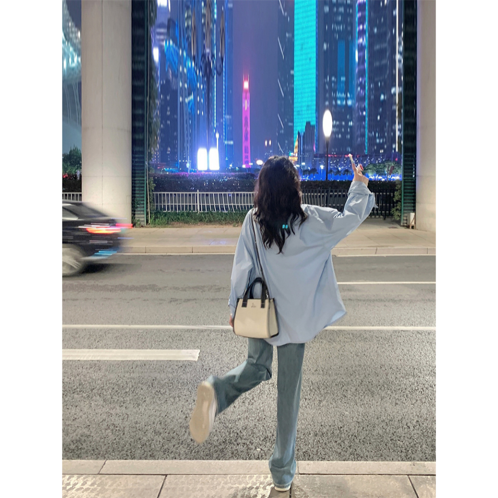 Áo Khoác Sơ Mi cardigan Tay Dài Dáng Rộng Màu Xanh Dương Thời Trang Mùa Thu Cho Nữ croptop bigsize tay dài