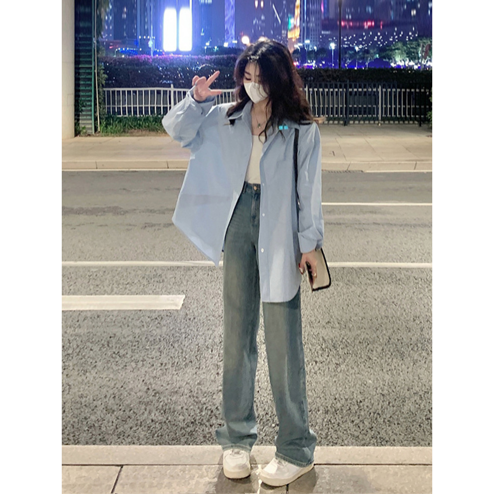 Áo Khoác Sơ Mi cardigan Tay Dài Dáng Rộng Màu Xanh Dương Thời Trang Mùa Thu Cho Nữ croptop bigsize tay dài