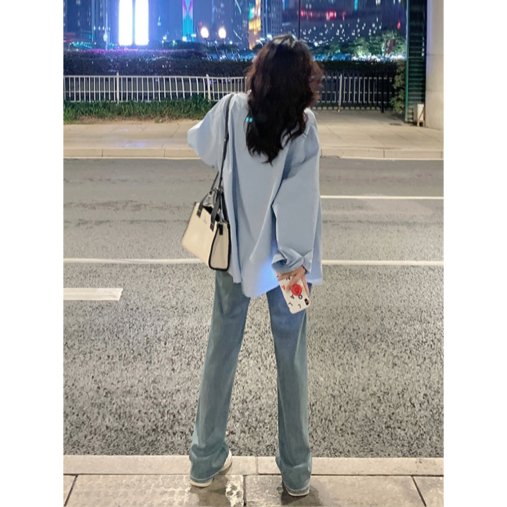 Áo Khoác Sơ Mi cardigan Tay Dài Dáng Rộng Màu Xanh Dương Thời Trang Mùa Thu Cho Nữ croptop bigsize tay dài