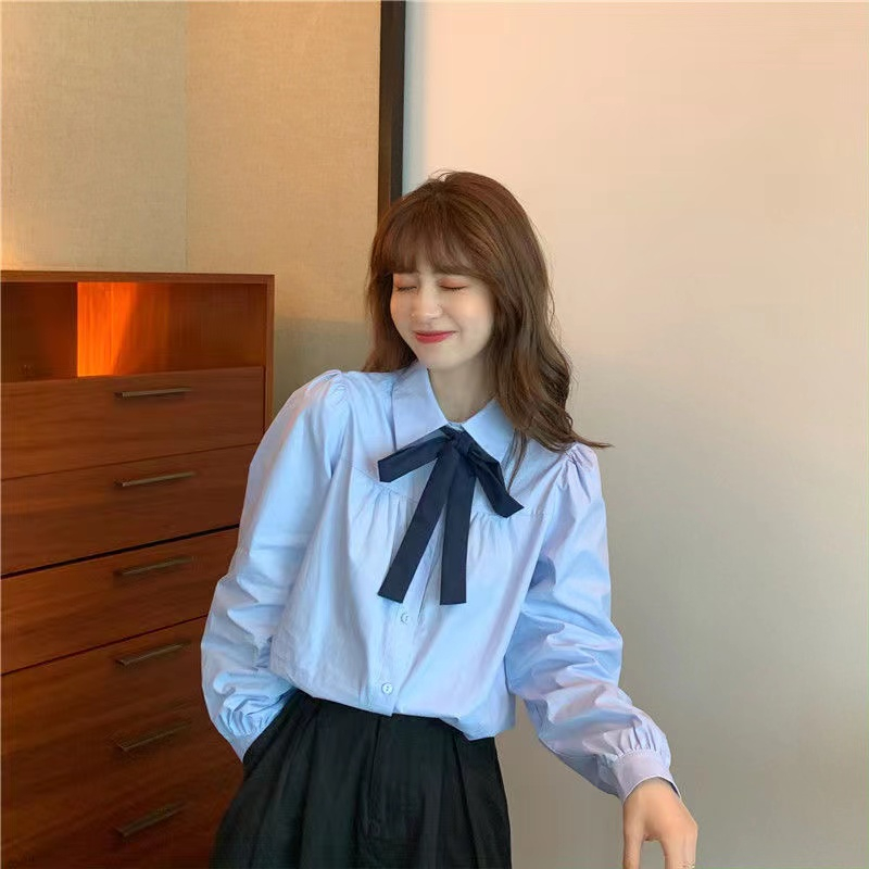 Áo Sơ Mi Tay Dài Phồng Dáng Rộng Màu Xanh Dương Ngọt Ngào Dành Cho Học Sinh Nữ