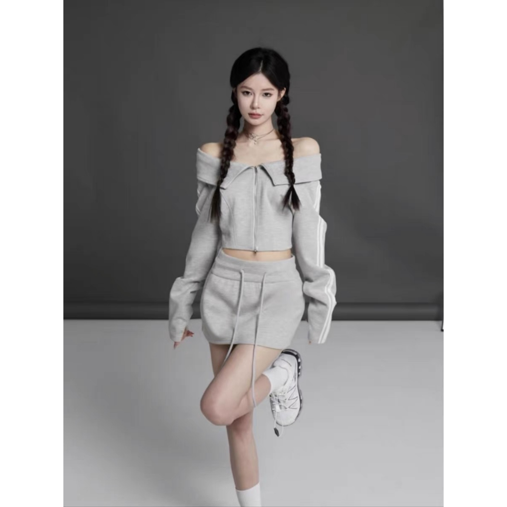 Set Áo Trễ Vai Có Khóa Kéo Và Chân Váy Lưng Cao Thời Trang Cho Nữ