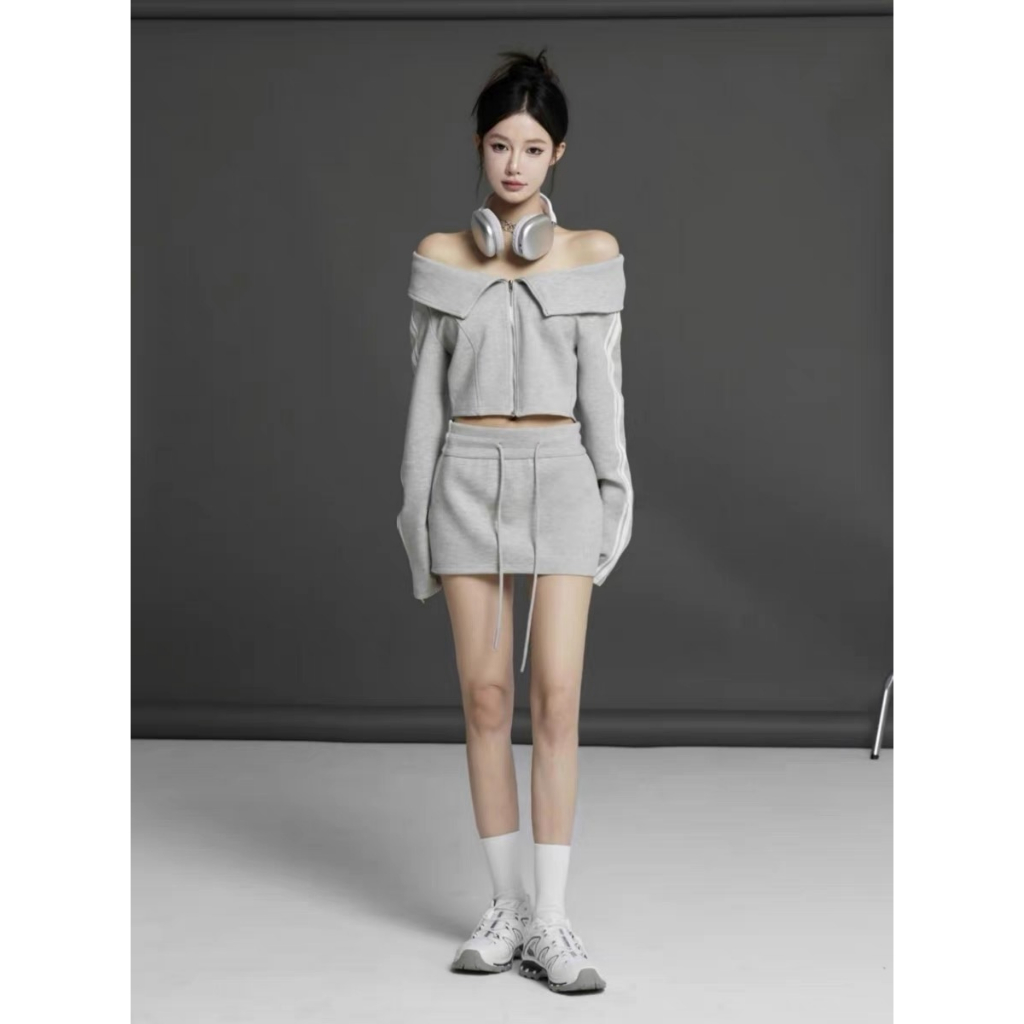 Set Áo Trễ Vai Có Khóa Kéo Và Chân Váy Lưng Cao Thời Trang Cho Nữ