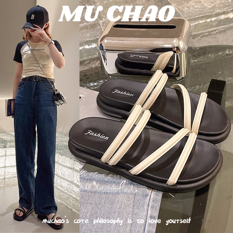 MUCHAO Dép Sandal Đế Bằng Dày Dặn Thắt Nơ Xinh Xắn Thời Trang Cho Nữ