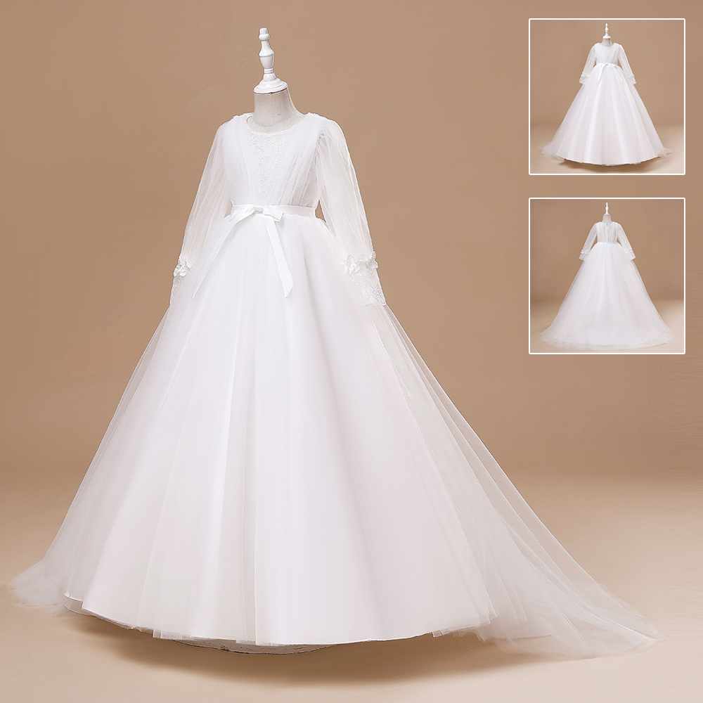 Mqatz Đầm Phù Dâu Vải cotton Phối Ren Trắng Đính Nơ Dễ Thương Cho Bé Gái lp-313
