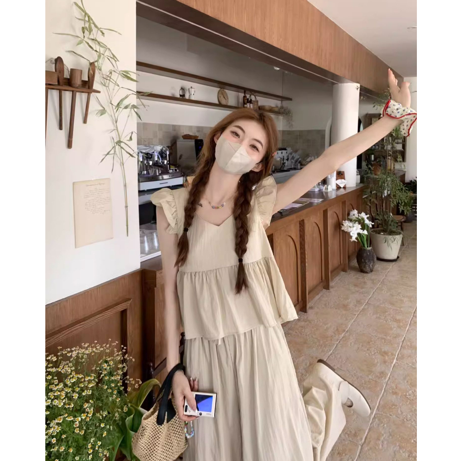 set đồ nữ Set Áo Ngắn Tay Cổ Búp Bê Kèm Quần Ống Rộng Lưng Cao Thời Trang Mùa Hè Cho Nữ