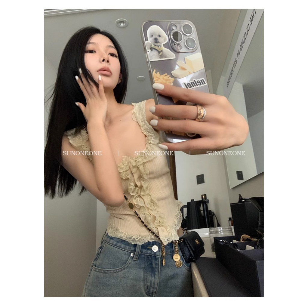 Áo Hai Dây Dệt Kim Phối Ren Mẫu Mới 2023 Thời Trang Mùa Hè Cho Nữ