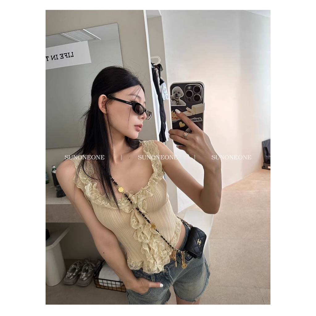 Áo Hai Dây Dệt Kim Phối Ren Mẫu Mới 2023 Thời Trang Mùa Hè Cho Nữ