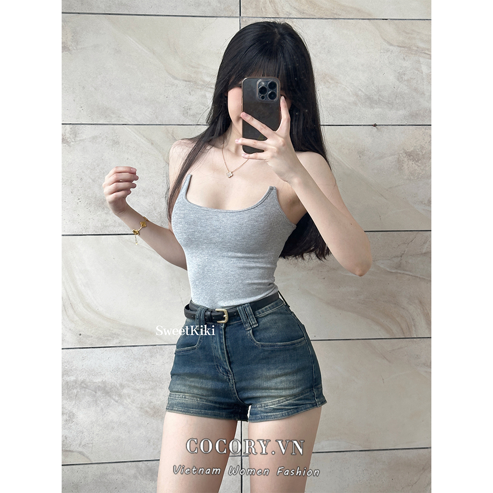 Cocory vn Quần Short denim Lưng Cao Ôm Dáng Quyến Rũ Dành Cho Nữ