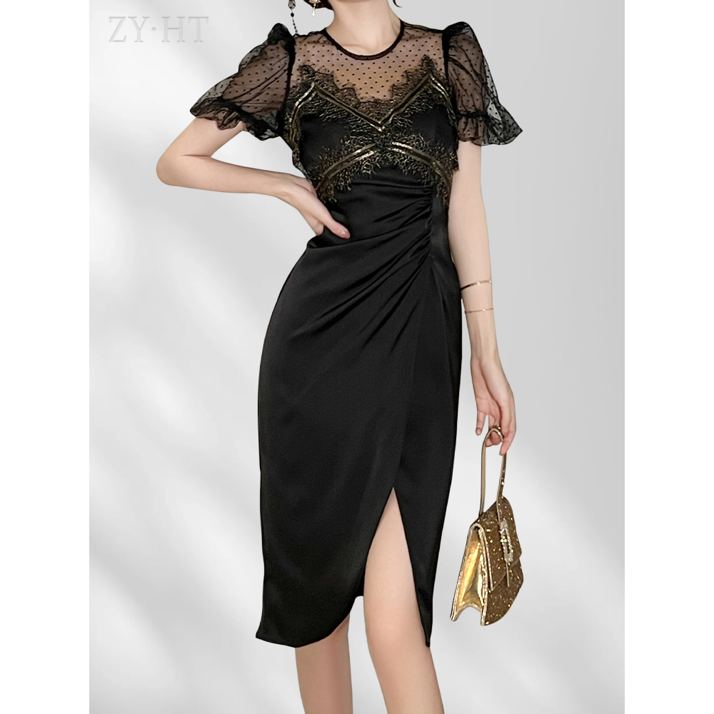 ZYHT Đầm Body Cao cấp màu đen đầm ren sexy khoe eo thon thanh lịch váy ngang hông 40062