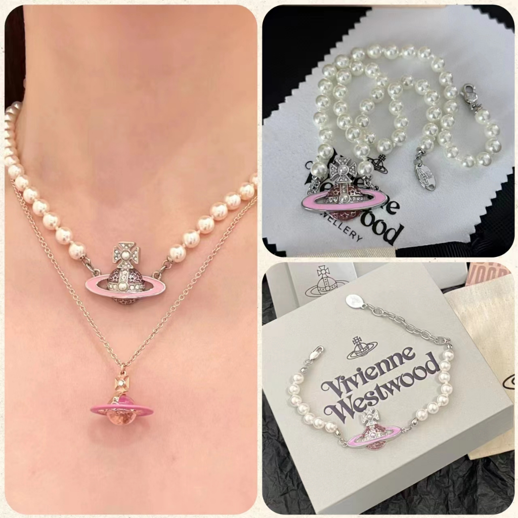 'Boutique Spot'VIVIENNE Màu hồng Men Saturn String Trim Pearl Necklace Bạc kim loại Diamond Necklace Đồng mạ vàng với thép in Chất lượng cao Hàn Quốc 2023 Mới tái tạo thanh lịch Vintage Thời trang Không phai vòng cổ cho phụ nữ