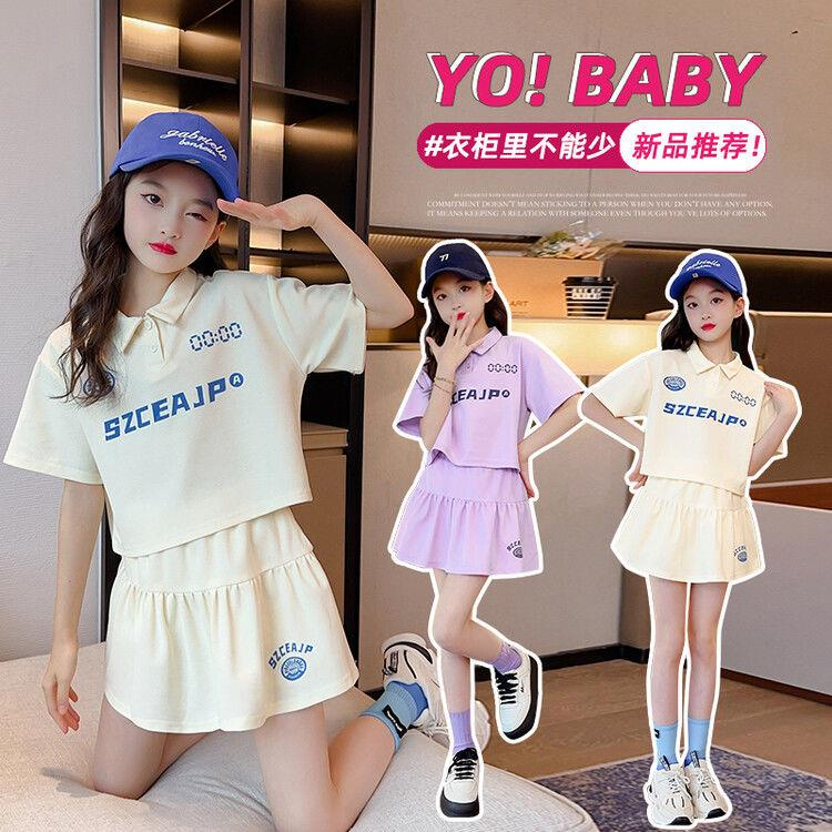 Set Áo Thun polo Ngắn Tay Và Chân Váy Xếp Ly In Chữ Thời Trang Mùa Hè Dành Cho Bé Gái 3-14 Tuổi