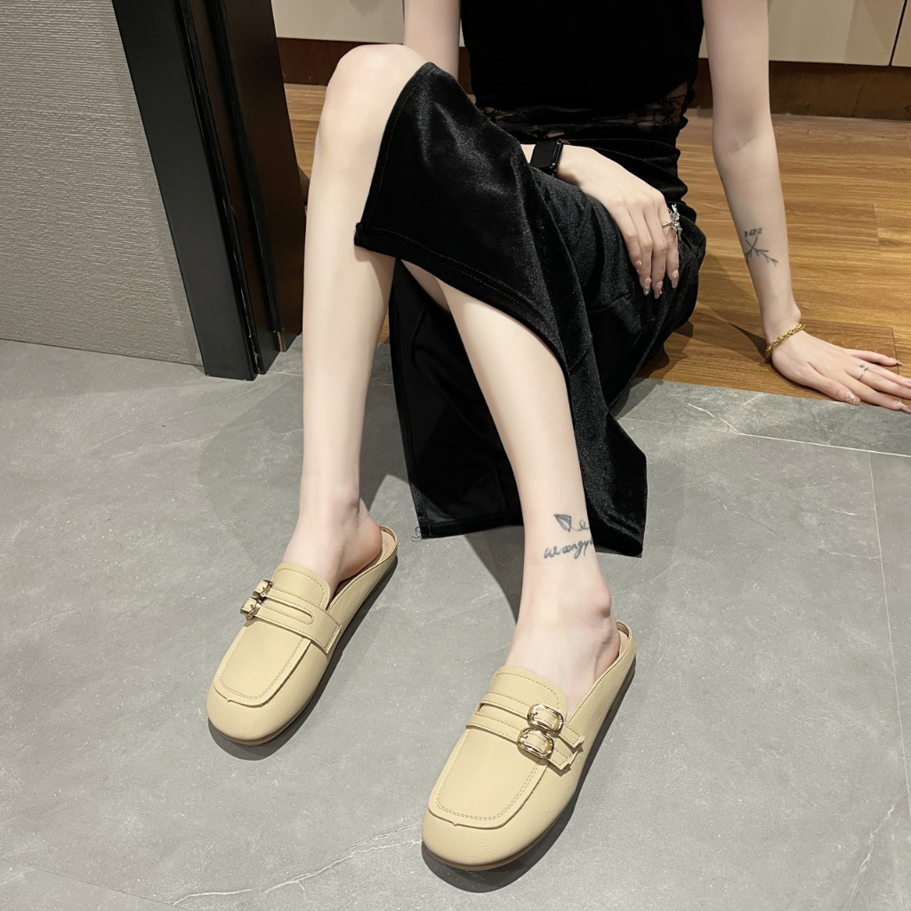 Prowow❤Baotou half slippers nữ phong cách hàn quốc thoải mái mềm mại đáy thắt lưng khóa phẳng giày lười muller