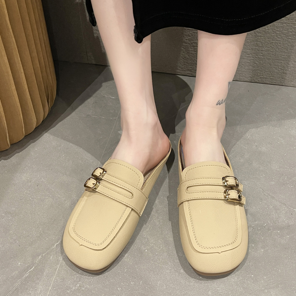 Prowow❤Baotou half slippers nữ phong cách hàn quốc thoải mái mềm mại đáy thắt lưng khóa phẳng giày lười muller