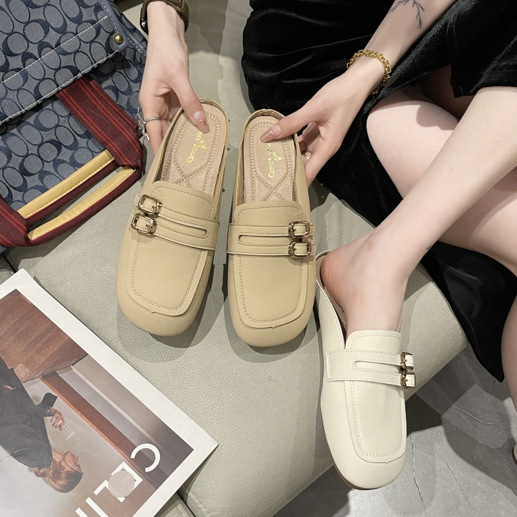 Prowow❤Baotou half slippers nữ phong cách hàn quốc thoải mái mềm mại đáy thắt lưng khóa phẳng giày lười muller