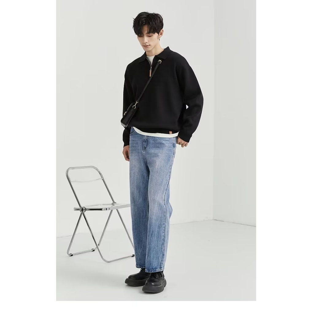 Hanlu Áo Thun polo Dài Tay Có Khóa Kéo Đơn Giản Thời Trang Cho Nam