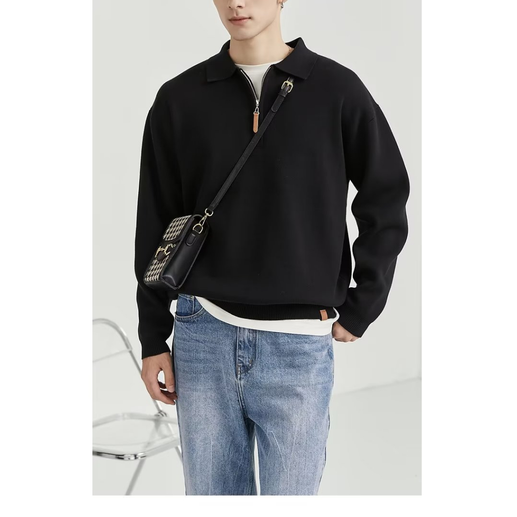 Hanlu Áo Thun polo Dài Tay Có Khóa Kéo Đơn Giản Thời Trang Cho Nam